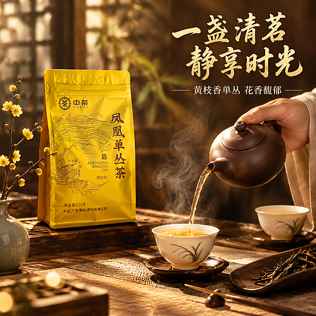 [主图-4 冲泡场景] 抖音电商主图，中茶凤凰单丛茶冲泡沉浸式场景，氛围感新中式风格。
[统一基调] 深棕暖金茶烟色调，主标题粗笔刷书法字米白浅金色，辅助文案细宋体，暖调柔光禅意雅致。
[画面] 完整的新中式茶席场景，深色木质茶桌上，产品金色包装袋立在画面左后方，占画面约25%。中间是一只手正用紫砂壶往白瓷品茗杯中倒茶，金黄茶汤倾泻而下，热气袅袅升腾。茶席上还有茶则、茶针、小花瓶插着一枝腊梅或兰花，茶烟在暖光中弥漫。背景是虚化的中式窗格或竹帘，光影斑驳。
[光影质感] 电影级暖调侧光，茶烟在光束中清晰可见，茶汤金黄透亮有流动感，整体氛围静谧禅意，沉浸式体验感强。
[配色] 深木色+暖金+米白+茶汤金黄，整体暖调和谐。
[文字版式] 画面右上方大标题书法字"一盏清茗 静享时光"，下方小字"黄枝香单丛 花香馥郁"，文字放在画面上方负空间。
[输出要求] 1:1正方形，场景沉浸式氛围感强，产品清晰可见，文字清晰，无变形无错字，无水印无平台Logo。