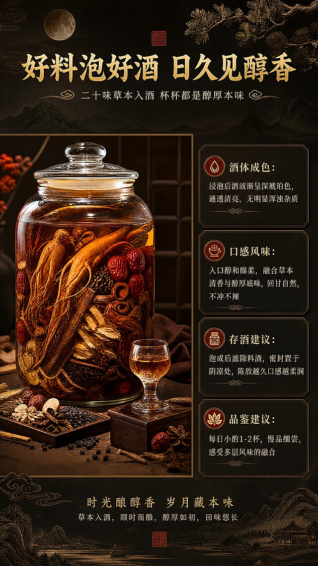 [商品] 使用【图1】泡酒原料配合玻璃酒坛泡好的成品酒展示；酒坛中酒液呈深琥珀色，通透清亮；保留原料食材原貌，酒液质感真实。
[画面] 醇酿品鉴收尾屏，目标营造成品酒品质感与品鉴氛围。左右分栏构图，左侧55%为酒坛+酒杯品鉴场景大图，右侧45%为四点品鉴信息；顶部标题区占15%，中部品鉴展示+信息占70%，底部意境文案区占15%；背景融入淡墨山水、明月、松枝等古风意境元素；整体氛围静谧醇厚。
[视觉] 套系策略：风格=古风国潮高端商业摄影，东方典雅质感；标题字=宋体类古风书法衬线体，笔画厚重有力量；正文字=简洁宋体正文，清晰易读；主色=深棕黑+暗金色；背景延展=基于深棕黑做渐变层次，叠加暗纹云纹底、宣纸纹理、淡金线描山水；强调色=赤金色，仅用于小面积图标、引线、重点文字高亮和装饰线条；标题色=烫金色；正文色=米白色；组件=金边竖排品鉴卡、祥云纹分割线、古风品鉴印章；光影=侧暖金色柔光，酒液有通透琥珀光泽，酒杯有细腻反光。
[文字] 顶部大标题"好料泡好酒 日久见醇香"，副标题"二十味草本入酒 杯杯都是醇厚本味"；右侧四点品鉴信息："酒体成色：浸泡后酒液渐呈深琥珀色，通透清亮，无明显浑浊杂质"、"口感风味：入口醇和绵柔，融合草本清香与醇厚底味，回甘自然，不冲不辣"、"存酒建议：泡成后滤除料渣，密封置于阴凉处，陈放越久口感越柔润"、"品鉴建议：每日小酌1-2杯，慢品细尝，感受多层风味的融合"；全部文字横向排版。
[规格] 图片比例9:16竖版，4K分辨率，淘宝/天猫详情页适配；避免变形、错字、文字过小、现代感元素、冷蓝灰色调、饮酒过量暗示。