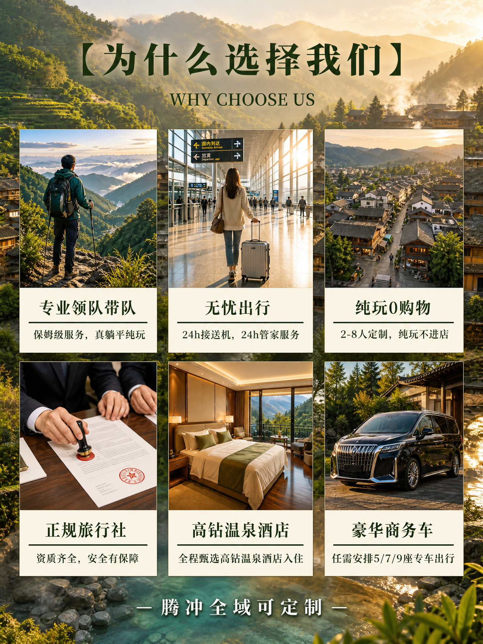 参考图3的版式骨架，将贵州"为什么选择我们"海报改为腾冲温泉康… - 图片创意预览