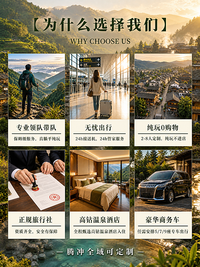 参考图3的版式骨架，将贵州"为什么选择我们"海报改为腾冲温泉康养定制游的服务优势海报。背景替换为腾冲梯田古镇或温泉山景的自然风景，暖绿色调。保留原图的6宫格版式结构：顶部大标题区、中间2行3列共6个优势卡片、底部标语。

主标题："【为什么选择我们】"
副标题英文："WHY CHOOSE US"

6个卡片（2行3列，每个卡片上方配图下方文字）：
第一行：
1. 上方配徒步登山风景图，下方文字"专业领队带队""保姆级服务，真躺平纯玩"
2. 上方配机场行李箱图，下方文字"无忧出行""24h接送机，24h管家服务"
3. 上方配古镇全景图，下方文字"纯玩0购物""2-8人定制，纯玩不进店"
第二行：
4. 上方配合同印章图，下方文字"正规旅行社""资质齐全，安全有保障"
5. 上方配温泉酒店客房图，下方文字"高钻温泉酒店""全程甄选高钻温泉酒店入住"
6. 上方配豪华商务车图，下方文字"豪华商务车""任需安排5/7/9座专车出行"

底部标语："— 腾冲全域可定制 —"

整体色调：自然绿+暖木色，高端旅游服务海报风格，版式精美，文字清晰可读。画面中所有信息区域必须填充完整合理的内容，不得出现空白框。画面中所有数字必须精确渲染。
