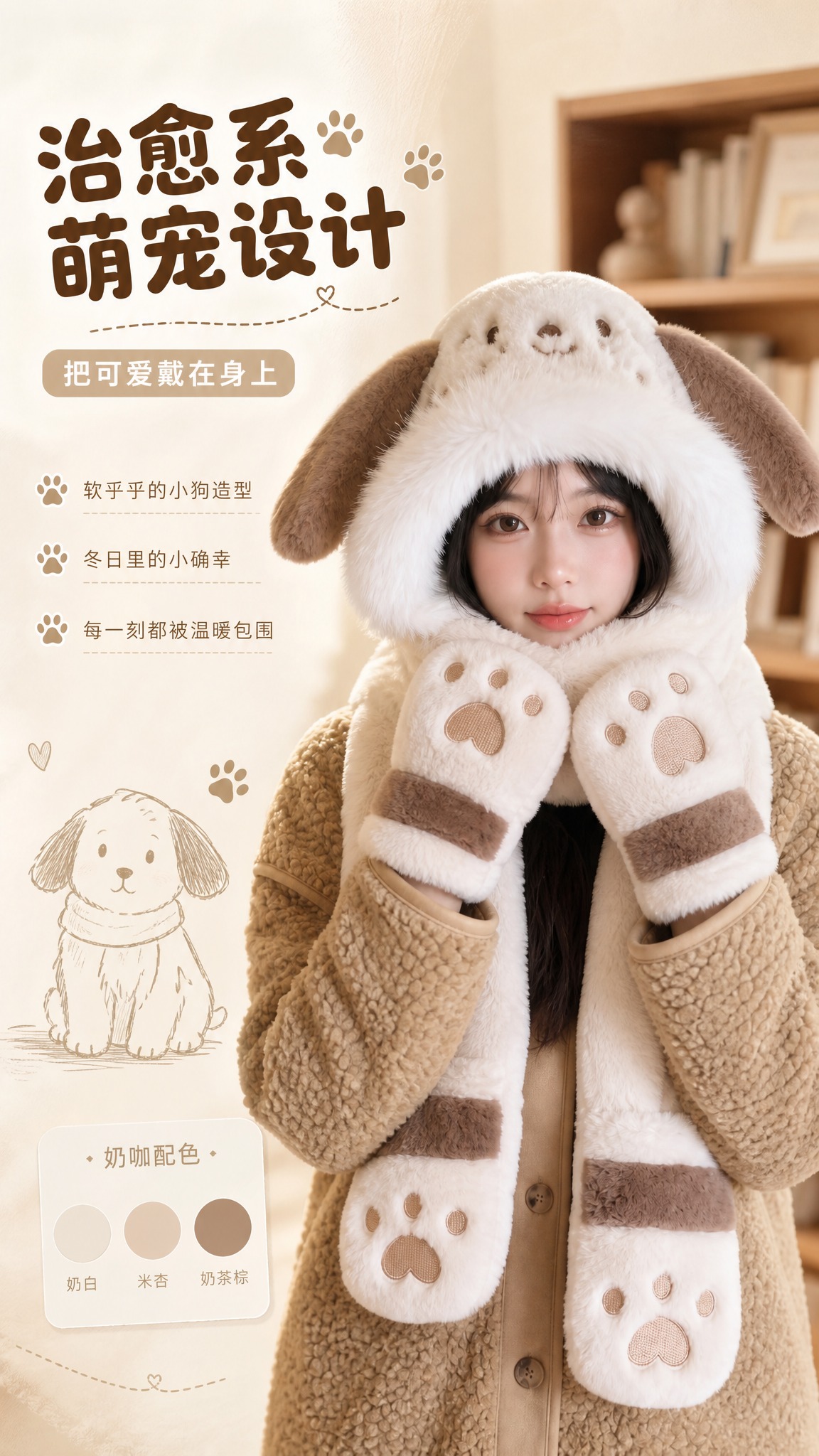 [商品] 使用【图6】奶咖斑点狗款毛绒三件套；保留小狗耳朵造型… - 图片创意预览