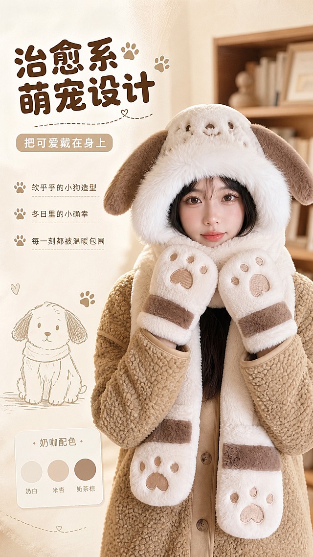 [商品] 使用【图6】奶咖斑点狗款毛绒三件套；保留小狗耳朵造型、斑点纹理、爪印手套、围巾一体结构和奶咖配色；增强毛绒蓬松感和纹理细节，不改变版型。
[画面] 目标：设计理念页，诠释治愈系萌宠设计灵感。构图：左文右图竖版，右侧模特半身展示奶咖款三件套，占画面55%；左侧留白放设计理念文字；前景有手绘小狗线稿和色卡装饰，中景模特温柔托腮姿态，背景为暖米色墙面+木质书架虚化。阅读动线：左上标题→左侧文案→右侧产品图。
[视觉] 套系策略：风格=简约暖调日系少女风商业摄影；标题字=圆润可爱无衬线粗体；正文字=简洁纤细无衬线体；主色=奶白米杏；背景延展=基于奶白米杏做深浅渐变、同色系柔和晕染和细腻毛绒/纸张质感；强调色=奶茶棕，仅用于小面积图标、引线和标签；标题色=深咖棕；正文色=暖灰棕；组件=圆角浅底信息卡、细线引线、可爱爪印小图标；光影=左前侧暖柔自然光，柔和漫射，毛绒边缘有轻微轮廓光。
[文字] 左上主标题："治愈系萌宠设计"，副标题："把可爱戴在身上"；下方3行短句文案："软乎乎的小狗造型""冬日里的小确幸""每一刻都被温暖包围"；配小手绘爪印图标点缀；文字不遮挡模特脸部和产品主体。
[规格] 图片比例9:16竖版，4K，避免变形、错字、文字过小、冷蓝背景、毛绒质感失真。