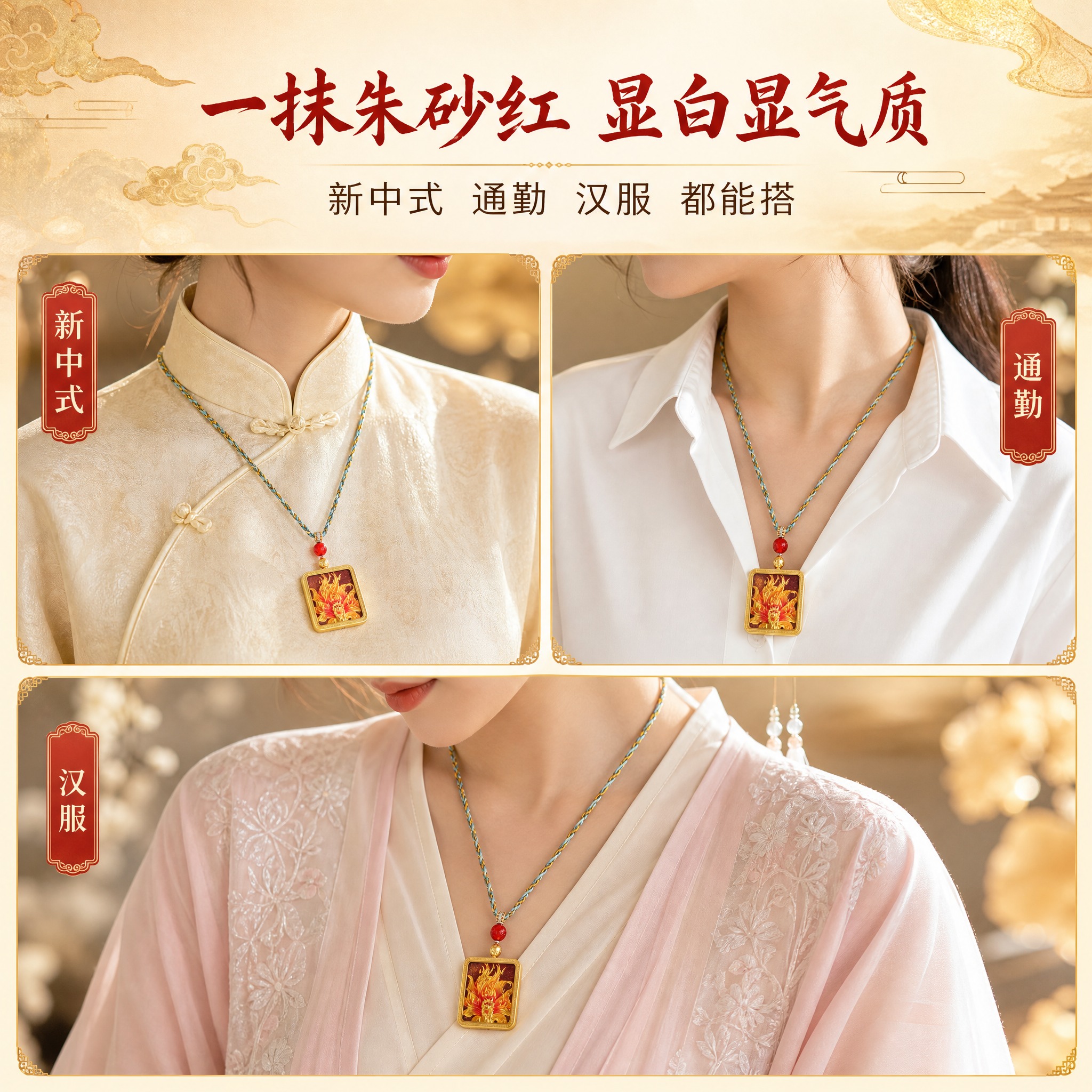 [主图-3] 九尾狐唐卡吊坠模特佩戴展示图，突出朱砂红色显白效… - 图片创意预览