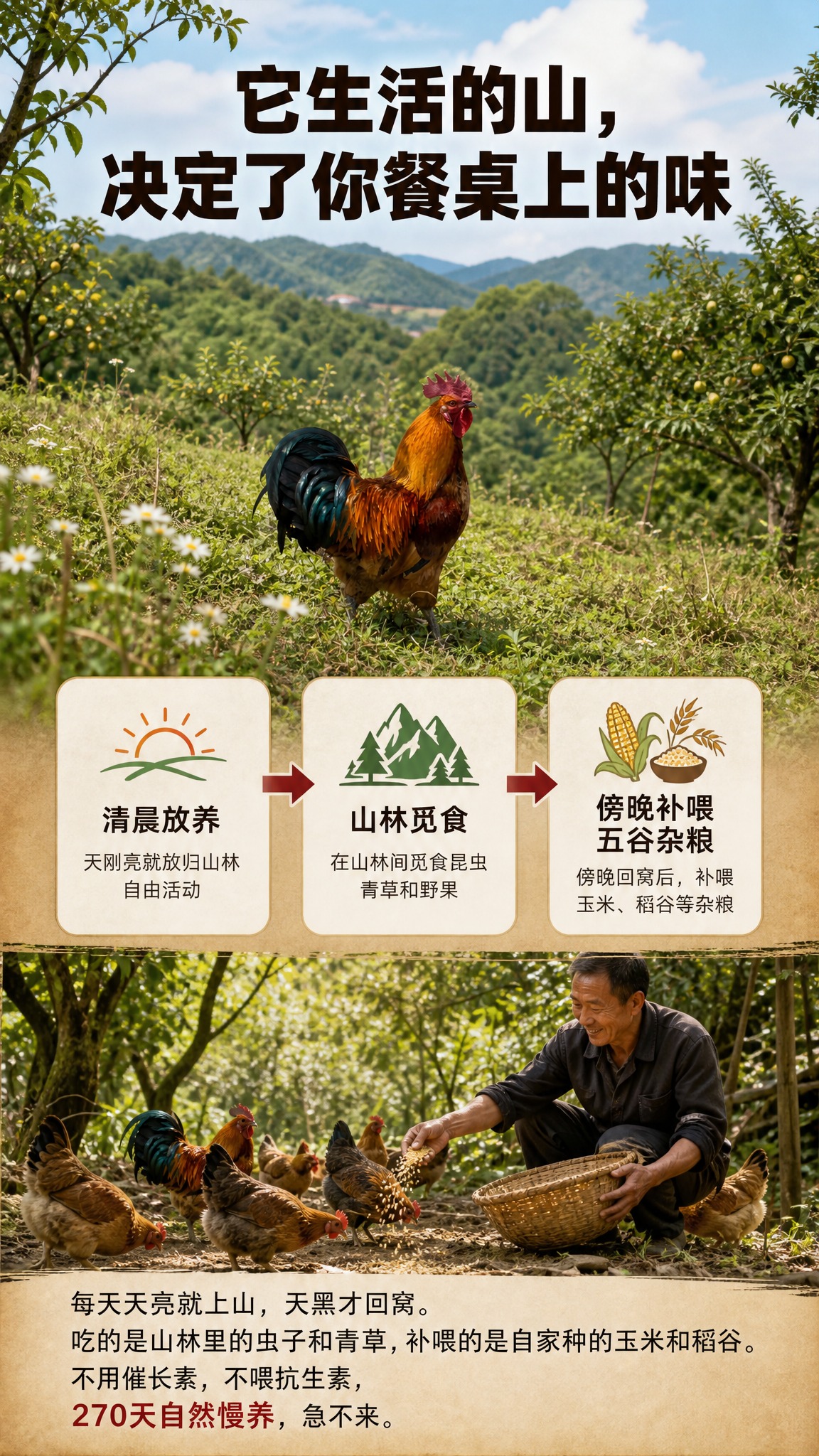 [商品] 使用【图3】山坡草地中单只红棕色土公鸡作为产品主体；… - 图片创意预览