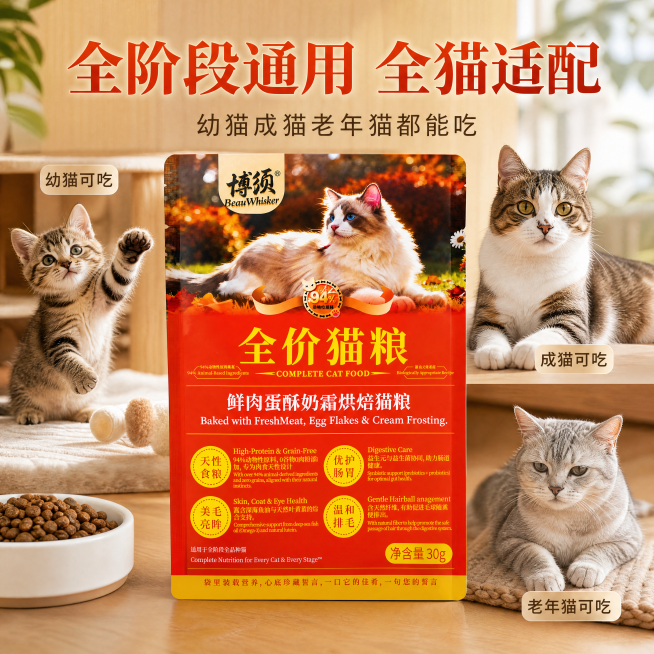 [主图-7] 全阶段通用卖点。生活化风格，商业摄影画质。猫粮包装袋居中，搭配幼猫成猫真实场景拼图，保持包装外观一致，占比70%。温暖自然光，浅木色背景，拼图布局。大字标题"全阶段通用 全猫适配"，小字预览效果