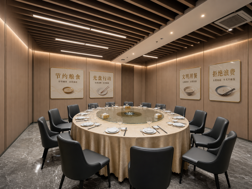 保持原圆桌包间空间结构，生成高端风格饭堂图，墙面保留节约粮食光盘行动的文化墙和海报，提升整体质感，只生成这第二张圆桌包间区域预览效果