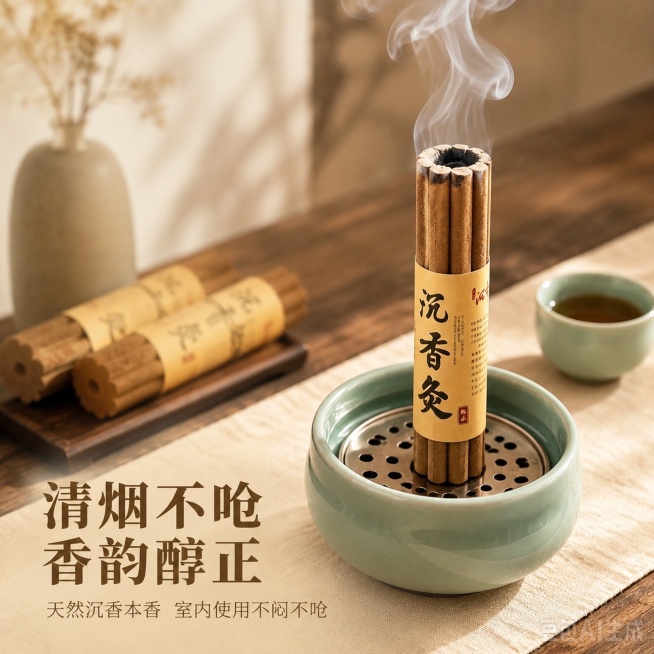 [主图-5] 天然沉香灸使用体验卖点展示。
[氛围风格] 舒适氛围感，突出清烟不呛使用优势。
[画质] 柔和商业摄影，氛围自然舒适。
[元素] 点燃的天然沉香灸放置在青瓷艾灸盒中，升起淡淡轻烟，场景布预览效果