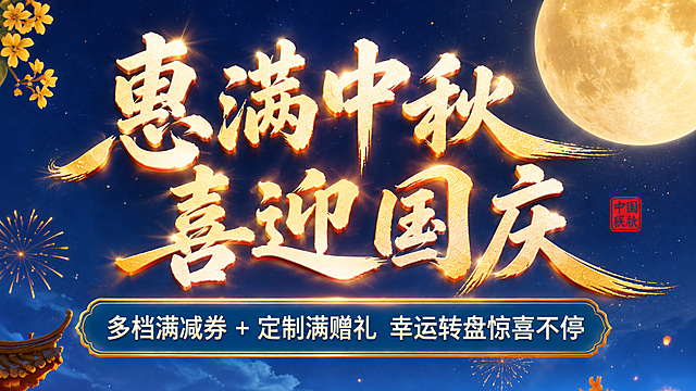 参考图1的文字特效样式，为图2的版式设计标题文字效果，16:9横版。主标题"惠满中秋 喜迎国庆"使用与图1相同的立体金色艺术字风格（金色渐变、浮雕质感、发光描边），副标题"多档满减券 + 定制满赠礼 幸运转盘惊喜不停"使用对应的醒目排版。保持图2的整体背景、版式和其他元素不变，只替换/添加文字特效，文字清晰精致，画面协调统一，高清清晰