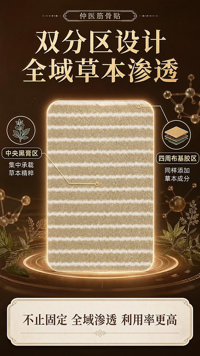 [第3屏] 仲医筋骨贴双分区结构解析页。本屏使用【图3】作为产品主体，做结构引线标注。
[氛围/风格] 中式草本科技风，结构拆解感，专业可信，暖棕色调，商业摄影质感。
[元素布局] 产品正面放大置于画面中央，占比约70%，清晰展示米黄色膏体与白色横向导流纹；从产品中央区域引出细线标注「中央黑膏区」，从产品四周布基胶区域引出细线标注「四周布基胶区」；背景为深棕色渐变，带有草本分子结构光点装饰，突出科技感与草本渗透概念。
[光影质感] 正面柔光均匀打亮产品，膏体纹理清晰，边缘有轮廓光，整体立体感强，专业精致。
[配色色系] 全局底色 #5C3A1E 深棕渐变；主色金棕 #C9A87C；辅助色米白 #F5EFE0、艾草绿 #7BA05B。
[视角构图] 正面平视居中构图，产品为绝对中心，引线从中心向四周发散，阅读动线顶部标题 → 中央产品 → 两侧标注说明。
[文字版式] 顶部大标题「双分区设计 全域草本渗透」金色加粗大字；中央黑膏区引线标注：「中央黑膏区 集中承载草本精粹」配草本图标；四周布基胶区引线标注：「四周布基胶区 同样添加草本成分」配胶层图标；底部总结条「不止固定 全域渗透 利用率更高」白色底深棕字；文字清晰，引线不交叉。
[比例分辨率] 9:16竖版比例，4K分辨率，文字清晰可辨，高清画质。
[负向提示词] 产品变形，颜色偏差，文字错乱，文字过小，水印，结构错误，引线杂乱，医疗化表述。