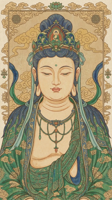 为这幅菩萨线稿上色，采用敦煌飞天配色：以孔雀石绿和石青作为衣袍与披帛的主色调；肤色使用浅赭石，以红赭石勾边；宝冠与珠宝结合石青、孔雀石绿和朱砂红，用金箔提亮高光；背景云纹与花卉图案填充赭黄与浅棕，以深预览效果