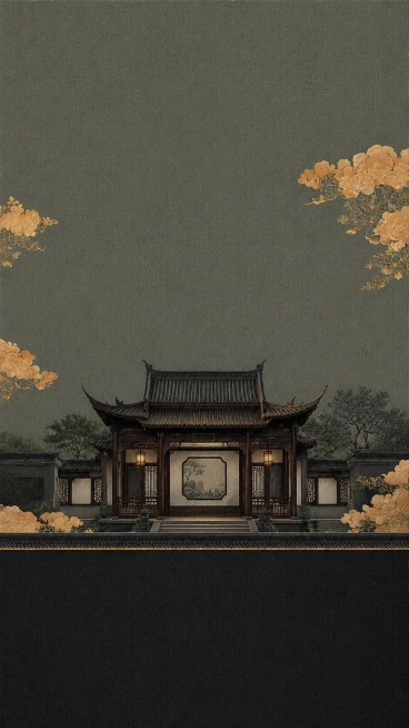 参考图片中式美学风格，生成苏式建筑，去掉画面中所有文字，保留新中式国潮暗纹肌理底色，大气对称构图，东方美学风格预览效果