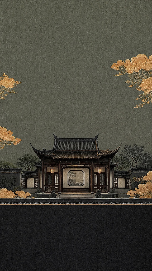 参考图片中式美学风格，生成苏式建筑，去掉画面中所有文字，保留新中式国潮暗纹肌理底色，大气对称构图，东方美学风格