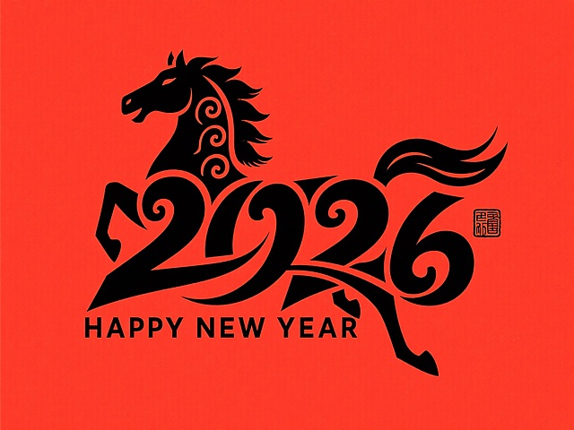 背景为纯红色，主体是黑色传统剪纸风格的奔腾骏马造型—— 马身巧妙融合 “2026” 数字（“2” 化作马颈、“0”“6” 嵌入马身），线条流畅且带有剪纸特有的卷曲装饰感；马形旁点缀一枚黑色中式印章，下方标注 “ HAPPY NEW YEAR” 的黑色文字