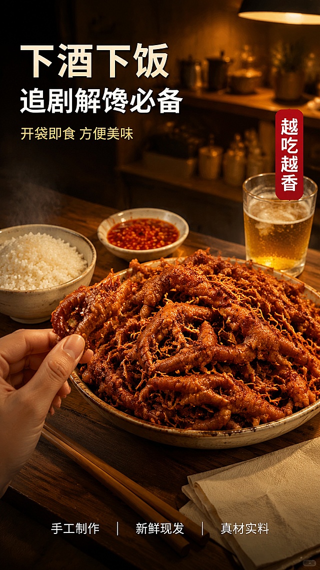 [第5屏] 详情页食用场景-下酒下饭追剧 生活方式代入。本屏使用【图2】作为商品主体。
[氛围/风格] 温馨居家美食场景 自然真实 享受感强 生活方式美食摄影质感。
[元素布局] 深木色餐桌上 一盘佤味麻辣鸡脚放在画面中央偏右 红亮诱人 辣椒面与苤菜根清晰可见 占比约50%。左侧是一碗白米饭 米饭冒着微微热气 旁边放一小碟红色蘸水。画面左下角有一只手 手指捏着一只鸡脚 正要送入口中 指甲干净 动作自然。餐桌上还散落着一双原木筷子 几张餐巾纸 一小杯冰啤酒 啤酒杯壁有冷凝水珠 增加生活气息。背景是模糊的厨房环境 暖黄色灯光 温馨有代入感。保持鸡脚外观 物理结构 材质质感 颜色与输入产品图绝对一致。
[光影质感] 暖黄色顶光为主 模拟餐厅吊灯效果 桌面有柔和光影 鸡脚表面油亮反光自然 整体暖调 温馨有食欲 暗部有层次 不发灰。
[配色色系] 全局底色暖木棕 #4A3728 主色红棕油亮 辅助色米白 啤酒金黄 米白文字。
[视角构图] 45度俯视生活视角 鸡脚盘为视觉中心 手与米饭形成互动 前中后景分层 背景虚化自然 有生活气息 阅读动线左上标题 → 中部场景 → 底部卖点。
[文字版式] 左上负空间左对齐留安全边距。主标题下酒下饭 思源黑体粗体 米白色 最大号 带轻微投影。副标题追剧解馋必备 思源黑体常规 白色 约半高。第三行开袋即食 方便美味 思源黑体常规 浅金色 小号。底部极轻微半透明暗渐变蒙层 横向三个短句 手工制作 新鲜现发 真材实料 思源黑体常规 白字 均匀分布。右侧中部竖排小标签 越吃越香 红底白字 思源黑体粗体。
[比例分辨率] 9:16竖版比例 4K分辨率 文字清晰可辨 高清画质。
[负向提示词] 变形 文字错乱 产品模糊 背景杂乱 水印 电商平台Logo 违规词 绝对化用语。