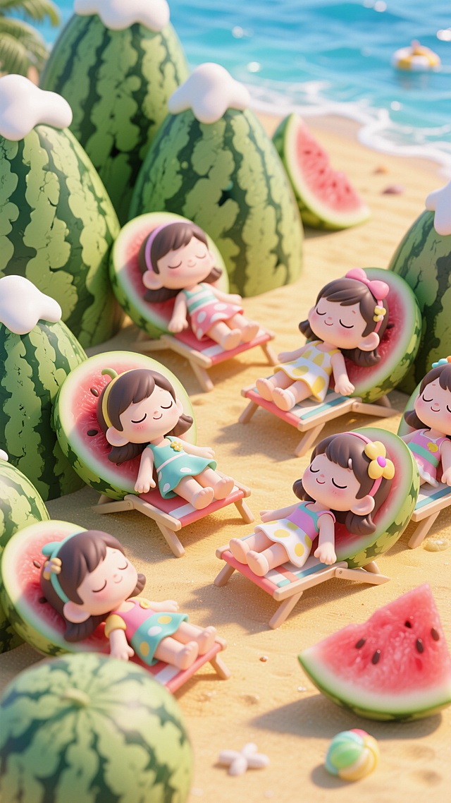 3D卡通风格，微缩艺术展现可爱女孩在西瓜沙滩上休憩，清新夏日氛围。