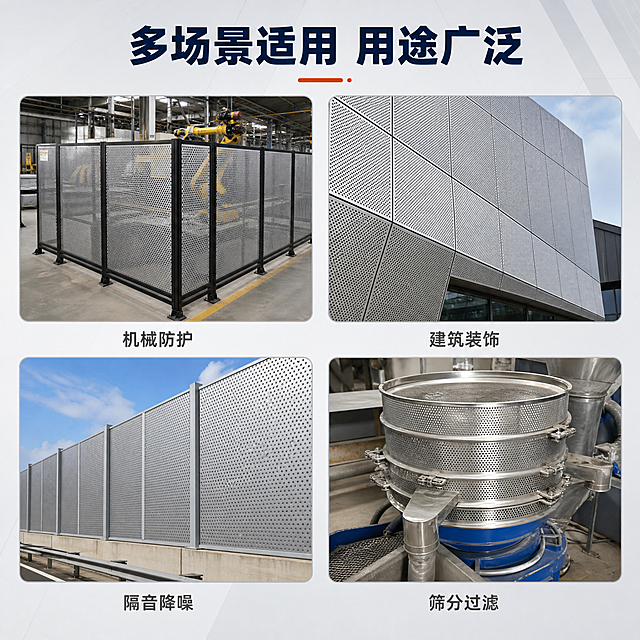[主图-4] 镀锌冲孔网多场景应用展示，展示产品在不同工业场景中的实际使用效果。
[统一基调] 整体风格为专业工业建材风，背景采用浅灰色渐变搭配工业风浅灰几何纹理，主色调为银灰、深灰、藏蓝色；标题字色为藏蓝色，辅助说明字色为深灰色，强调色为橙红色；字体为粗黑体无衬线，字号层级分明；卡片采用细边框圆角样式，图标简洁线性。
[画面] 画面采用四宫格布局，四个等大的圆角矩形场景图均匀分布，每张图中都有镀锌冲孔网的实际应用场景。左上角为机械设备防护围栏场景，右上角为建筑外墙装饰冲孔板场景，左下角为隔音屏障场景，右下角为筛分过滤设备场景。顶部有大标题，每张场景图下方有场景名称标注。
[光影质感] 每个场景都有真实自然的光线，工业场景光线明亮，产品在场景中自然融合，光影关系合理，没有悬浮感和硬切边缘。
[配色] 整体背景浅灰色，场景图为真实工业环境色调，标题藏蓝色，场景名称文字深灰色，边框浅灰色。
[文字版式] 顶部居中粗黑藏蓝色大标题："多场景适用 用途广泛"；四宫格每张图下方分别标注："机械防护"、"建筑装饰"、"隔音降噪"、"筛分过滤"；文字横排，字号适中，清晰不拥挤。
[输出要求] 1:1正方形比例，文字清晰无错字，场景真实自然，产品在场景中融合自然，画面干净整洁无杂乱，无水印无平台Logo，禁止出现人物面部、畸形手、模糊、穿模等问题。