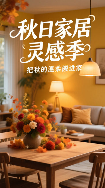 画面上方是白色艺术字“秋日家居灵感季”，下面写副标题“把秋的温柔搬进家”，字的排版要灵动。中间呈现温馨家居场景，有木质餐桌、秋色系花艺、暖光灯饰、绒面抱枕，背景是布置好的客厅，色调是暖黄。预览效果