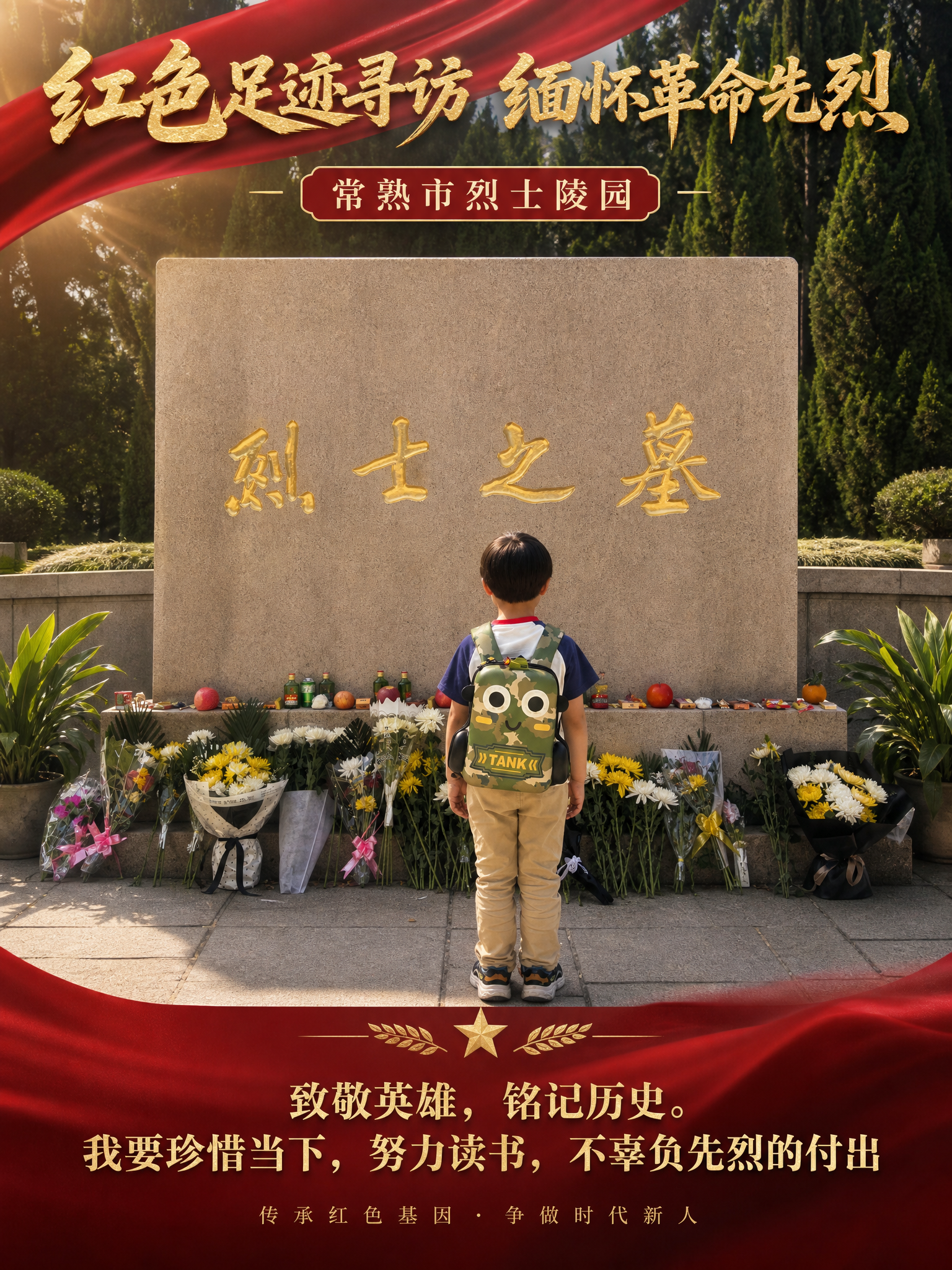 基于用户上传的5张常熟市烈士陵园参观照片（小男孩献花、瞻仰烈士… - 图片创意预览