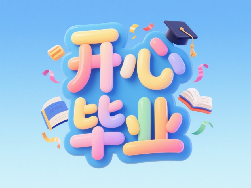 “开心毕业”字体设计，字体采用圆润活泼的卡通风格，笔画带有渐变色彩，融合学士帽、书本、彩带等毕业元素作为装饰，背景为浅蓝渐变底色，整体氛围欢快喜庆预览效果