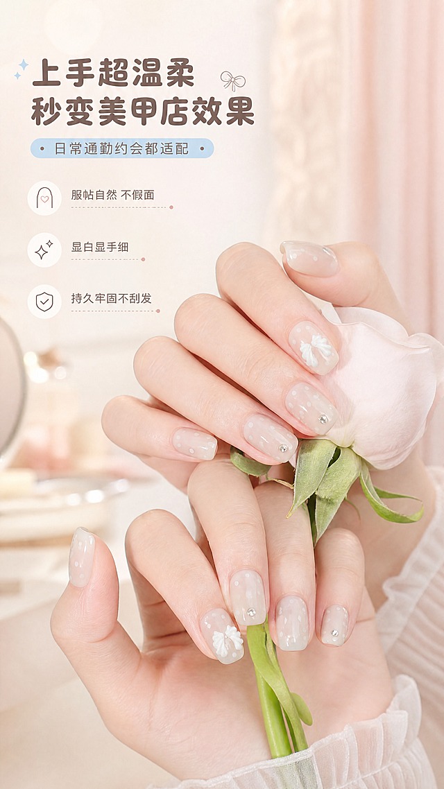 [商品] 使用【图1】Nini Candy百变穿戴甲奶白蝴蝶结款；保留甲片奶白底色、立体白色蝴蝶结、波点图案、小闪钻的款式特征；商品处理：甲片佩戴在模特手指上，款式细节与原图一致，颜色形状不变。
[画面] 目标：真人上手效果展示，呈现佩戴后的真实美感。构图：亚洲女性手部特写，手指自然轻搭或持花/咖啡杯等柔美道具，穿戴甲完整佩戴在十指上，手部占画面约60%，位于画面中下偏右；左上留白放标题和3个效果卖点；背景为浅奶白+柔粉渐变，虚化的梳妆台/纱帘场景，营造温柔氛围。
[视觉] 套系策略：风格=甜美少女风商业摄影；标题字=圆润可爱粗体字；正文字=简洁圆润无衬线体；主色=奶白色+婴儿浅蓝；背景延展=基于奶白和浅蓝做渐变层次、柔焦光斑、细腻纸张/纱质质感；强调色=浅粉棕，仅用于小面积图标、引线、标签点缀；标题色=深棕灰；正文色=中暖灰；组件=圆角浅底信息卡、胶囊形标签、细线引线；光影=左前侧柔暖光，通透干净，带轻微柔光效果。
[文字] 左上主标题"上手超温柔 秒变美甲店效果"，副标题"日常通勤约会都适配"；下方3条短卖点："服帖自然 不假面"、"显白显手细"、"持久牢固不刮发"；文字不遮挡手部和甲片主体。
[规格] 图片比例9:16竖版，4K，避免变形、错字、文字过小、甲片款式改变、手部肤色失真、冷蓝灰主色调。