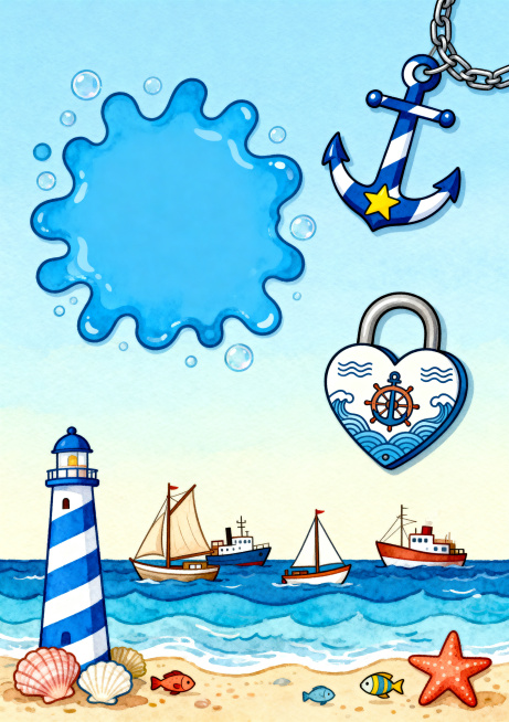 卡通插画风格，海洋航海主题，A4竖版构图，浅蓝色渐变天空背景，画面元素丰富可爱没有文字：右上角：蓝白相间的船锚铁链，船锚带黄色星星装饰；左侧：大的蓝色水花造型空白文本框，周围点缀圆形气泡；右下角：心形预览效果