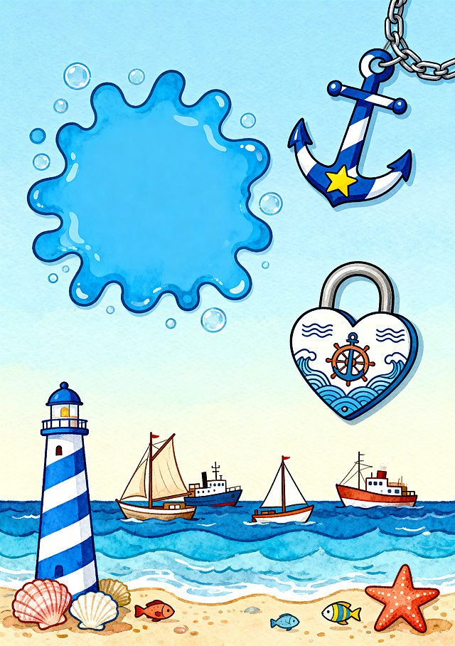 卡通插画风格，海洋航海主题，A4竖版构图，浅蓝色渐变天空背景，画面元素丰富可爱没有文字：右上角：蓝白相间的船锚铁链，船锚带黄色星星装饰；左侧：大的蓝色水花造型空白文本框，周围点缀圆形气泡；右下角：心形锁头图案，锁身有船锚、船舵、海浪线条装饰；底部：蓝白条纹灯塔、多艘不同样式的帆船渔船、分层蓝色海浪；海底：贝壳、海星、小鱼等海洋元素。整体色彩明亮清新，线条圆润，适合儿童绘本/手抄报背景，高分辨率，细节清晰，无水印，画面中不要有任何文字。
