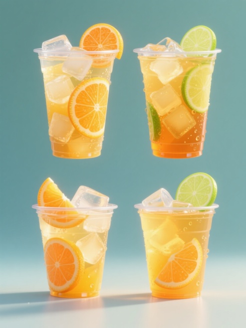 3D风格柠檬茶饮品海报，纯色背景，上下两行整齐排列4个不同造型不同样式的透明塑料杯装柠檬茶，杯内橙黄色茶液清澈，漂浮大量不规则冰块、橙色橙子片和绿色柠檬片，杯口装饰新鲜橙片与柠檬片，杯身有水珠效果，整体光影明亮柔和，色彩鲜艳饱满，呈现清爽夏日氛围，无LOGO、电话地址及二维码。预览效果