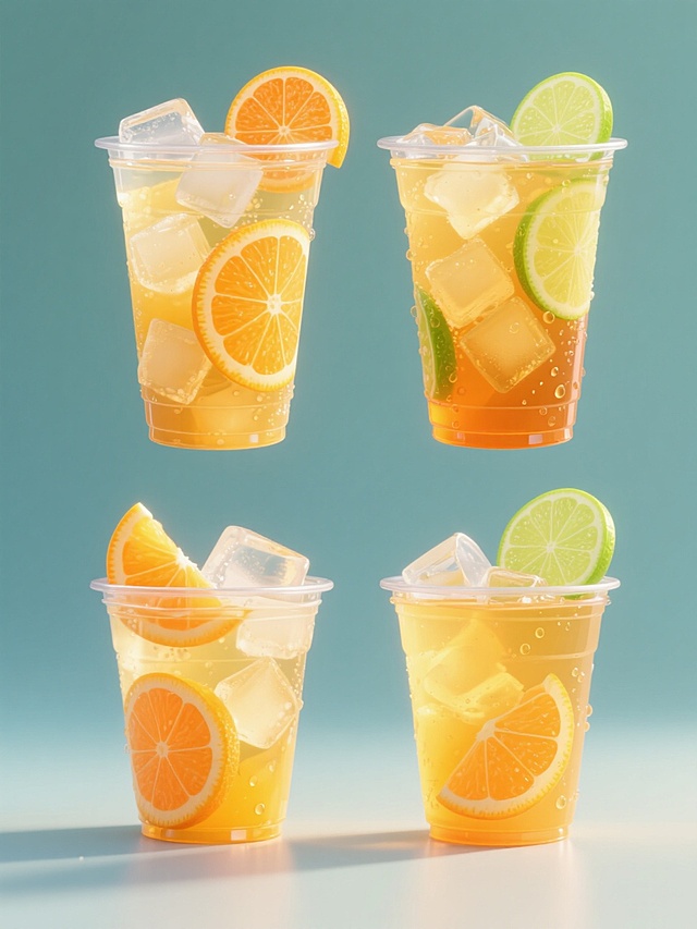 3D风格柠檬茶饮品海报，纯色背景，上下两行整齐排列4个不同造型不同样式的透明塑料杯装柠檬茶，杯内橙黄色茶液清澈，漂浮大量不规则冰块、橙色橙子片和绿色柠檬片，杯口装饰新鲜橙片与柠檬片，杯身有水珠效果，整体光影明亮柔和，色彩鲜艳饱满，呈现清爽夏日氛围，无LOGO、电话地址及二维码。