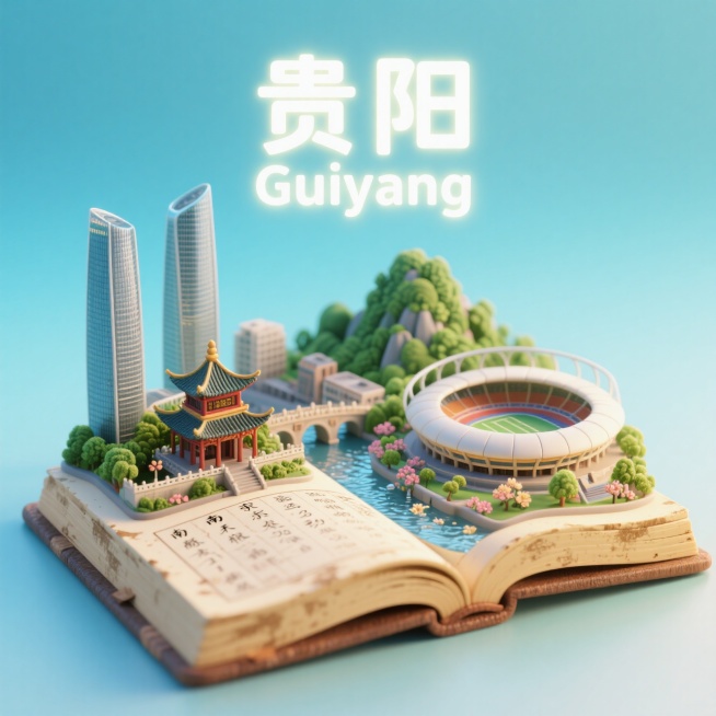 一本打开的古代书籍，书是打开的，书上是南京城市景观微缩模型，有贵阳的黔灵山，甲秀楼，南明河，花果园双子塔，贵阳中天201大厦，贵阳奥林匹克体育中心，上方有中文“贵阳”和英文“Guiyang”，整体画面预览效果