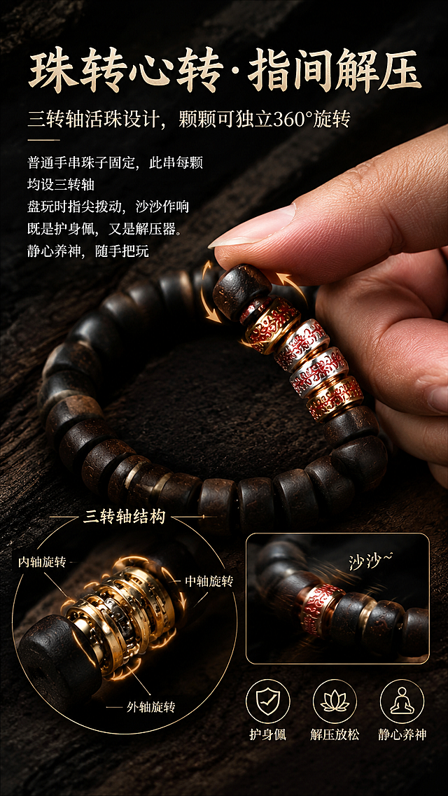 第5屏：三转轴活珠设计。基于image3手串特写，生成详情页功能屏，9:16竖版。要求：1. 产品外观不变；2. 暗调质感，深色纹理背景，特写展示三转轴活珠结构，手指拨动珠子的动态感；3. 标题："珠转心转·指间解压"；4. 卖点文字："三转轴活珠设计，颗颗可独立360°旋转 普通手串珠子固定，此串每颗均设三转轴 盘玩时指尖拨动，沙沙作响 既是护身佩，又是解压器 静心养神，随手把玩"；5. 特写清晰展示活珠结构与旋转状态，光影突出金属配珠质感，详情页排版。