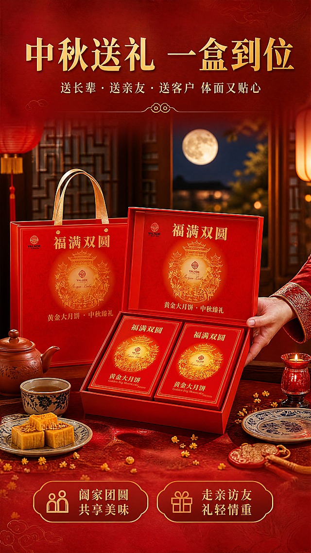 [商品] 使用【图1】福满双圆月饼礼盒与手提袋；保留红色礼盒"福满双圆"金色字样、品牌Logo、金色手提带；保留手提袋的红色外观与金色提手；礼盒与手提袋的颜色、文字、结构、比例不变，增强礼盒烫金质感与纸质肌理。
[画面] 目标：礼赠场景种草，营造中秋团圆送礼氛围；构图：中央偏右放置打开的礼盒，盒内整齐摆放两个月饼内盒，礼盒左侧立着手提袋；一只亚洲人手正从侧面递出礼盒（手部动作自然，呈送礼姿态）；产品占画面约55%；场景：中式家庭餐厅圆桌，桌上摆放茶具、桂花糕、青花瓷盘、红色蜡烛台；背景：虚化的中式屏风与窗外圆月，悬挂红色小灯笼；前景：桌布纹理与散落的桂花花瓣；景别：中景，营造温馨家宴氛围。
[视觉] 套系策略：风格=中式喜庆高级商业摄影，国风中秋氛围；标题字=宋体衬线粗体，烫金质感；正文字=简洁黑体；主色=中国红+暖金；背景延展=基于红金做深浅层级、同色渐变和细腻宣纸/织物质感；强调色=暖金色，仅用于小面积图标、引线、标签和烫金字效；标题色=烫金渐变；正文色=深棕红；组件=圆角金边信息卡、祥云纹样分隔线；光影=暖黄色环境光，模拟傍晚室内灯光+窗外月光，柔和温馨，礼盒表面有自然高光，桌面有柔和倒影。
[文字] 画面上方主标题"中秋送礼 一盒到位"，副标题"送长辈 · 送亲友 · 送客户 体面又贴心"；下方配2个场景标签："阖家团圆 共享美味"、"走亲访友 礼轻情重"；文字位于画面顶部与底部留白处，横排排列，不遮挡礼盒主体与手部动作；所有文字横排。
[规格] 图片比例9:16竖版，4K，负向提示：避免手部姿势僵硬、场景杂乱、礼盒文字模糊、冷色调、西式场景、人物面部入镜（仅手部）、虚假宣传、绝对化用语。