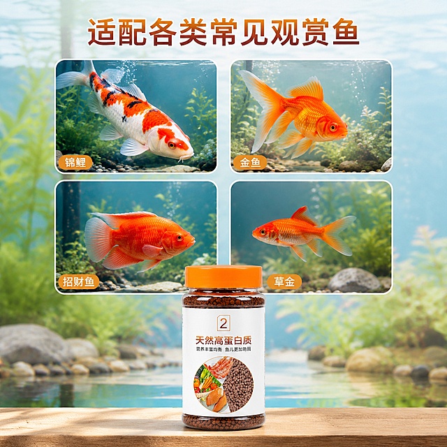 「图片1」，生成一套主图（5张），商品名称是通用型鱼食小颗粒锦鲤招财饲料家养观赏金鱼虾红素增色鱼粮不浑水鱼粮350ml/瓶(品牌随机)，卖点是高蛋白含虾红素，给鱼增色提色；颗粒耐泡不浑水，营养全面，适配各类常见观赏鱼，不要改变原包装，适配淘宝/天猫平台，主图比例为1:1