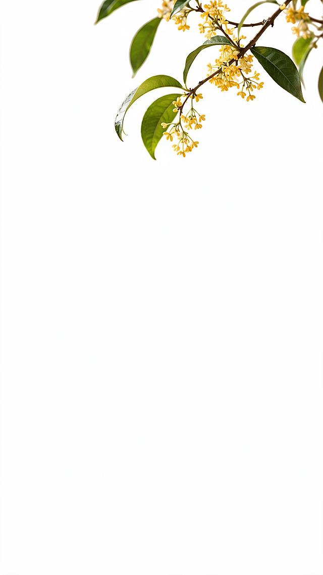 从原图中精准提取右上方垂挂的桂花枝条元素，包含所有叶片和金黄桂花花朵，严格保持原始比例和原始相对位置，不放大不缩小；纯净透明背景PNG，高清无损画质，边缘干净无锯齿、无残影、无杂边、无底色残留；按元素实际大小自适应精准裁切，小元素按原生尺寸输出，禁止强行拉大占满整页留白