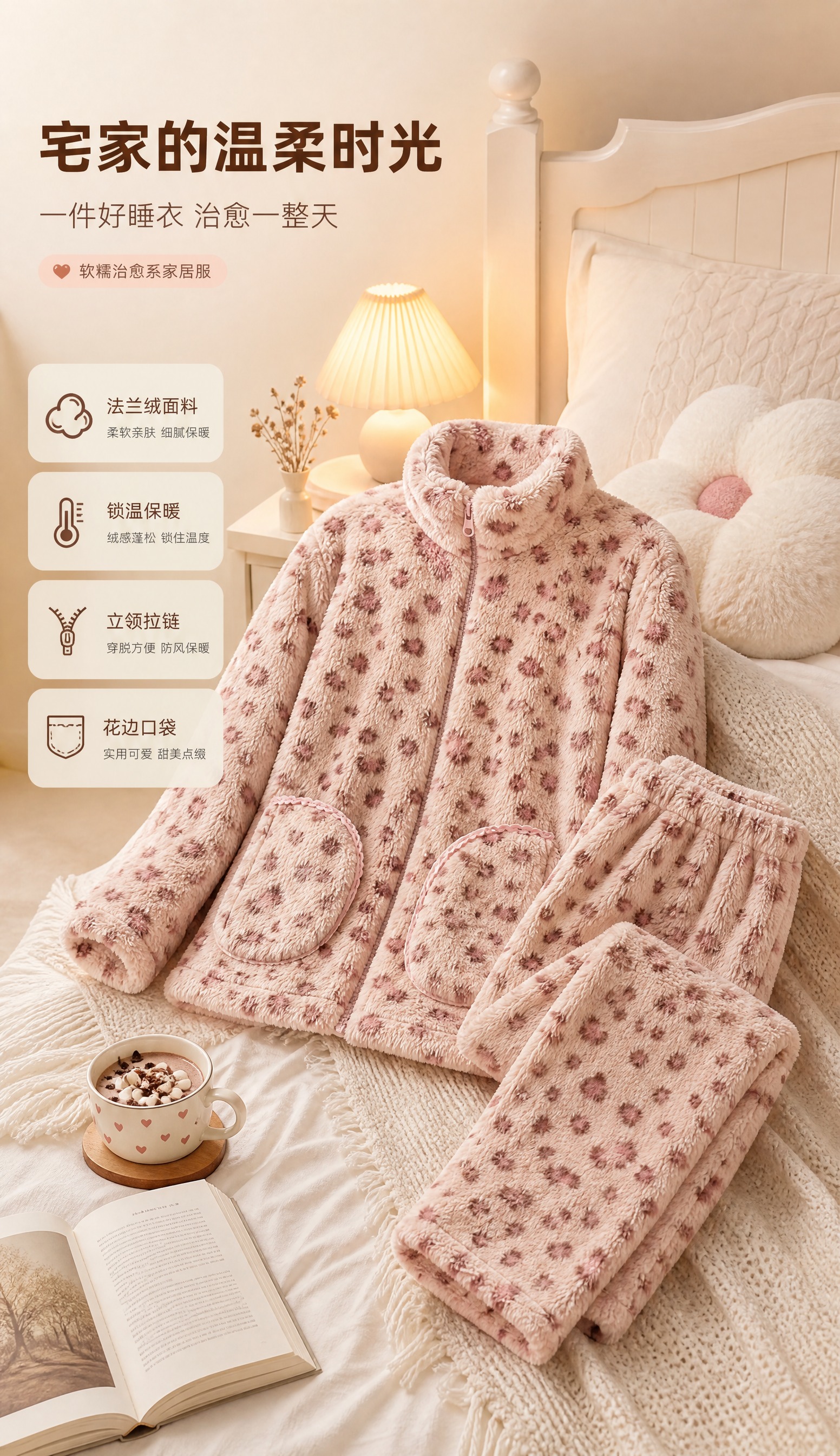 [详情图-11 卧室场景] 粉色豹纹法兰绒立领拉链家居服套装… - 图片创意预览