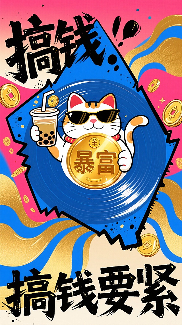 撞色潮流发财插画壁纸，宝蓝 + 亮金 + 玫红撞色，元宝是不规则几何形状（带锯齿边缘），铜钱被设计成唱片样式（中心刻‘暴富’），背景是抽象波浪线条（金 + 蓝渐变），招财猫是潮流涂鸦风格（戴墨镜、举奶茶杯，杯身印铜钱），笔触粗犷带涂鸦喷溅感，文字‘搞钱要紧’是粗黑街头字体，高对比度