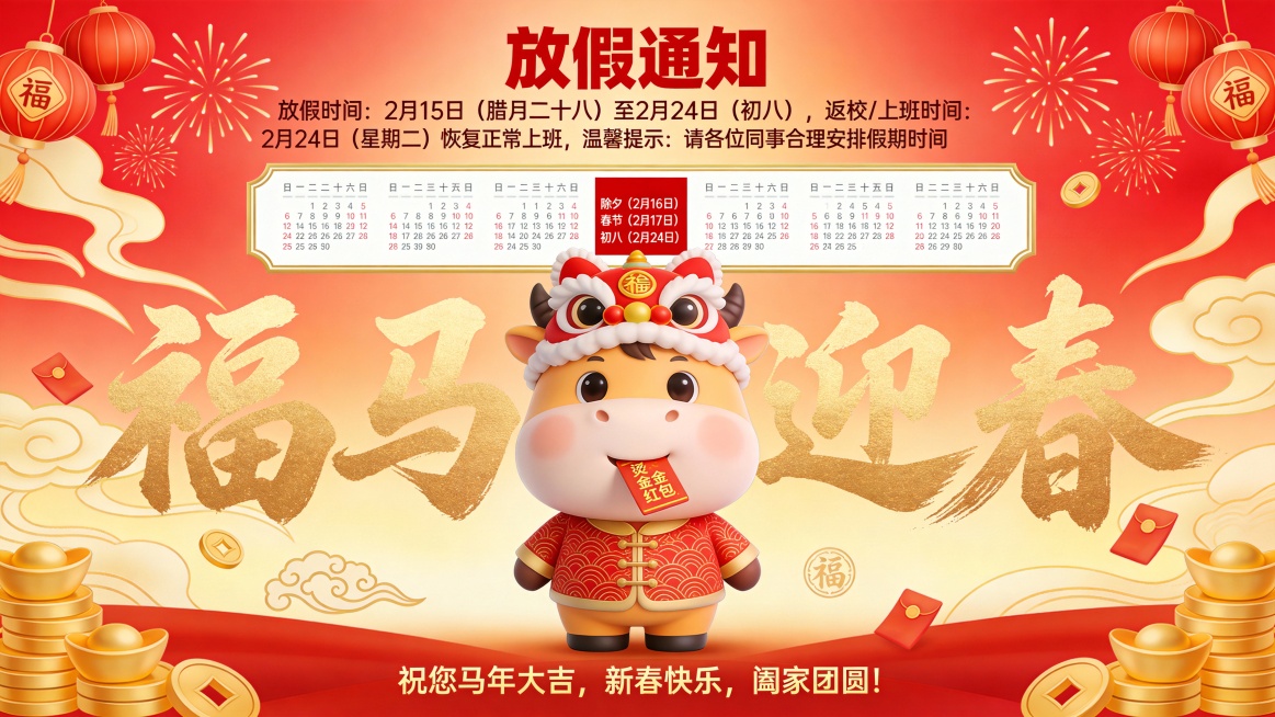 1.文案信息：大标题文案“福马迎春”采用醒目的金色中国书法字，搭配可爱的卡通小马形象，营造欢乐吉祥的节日氛围。
小马身着传统中式服饰，头戴舞狮帽，嘴里叼着红包，形象生动可爱，极具亲和力，特别适合面预览效果