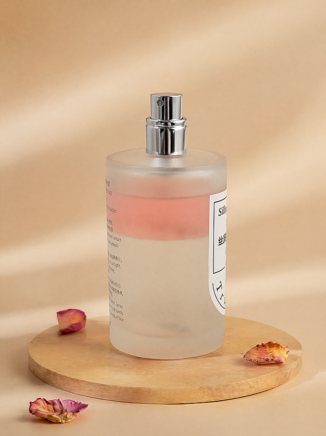 香薰喷雾，严格参照上传产品图https://gdesign-dam-hz.dancf.com/36848367309804724/4815976fc5394ee991315ba101f57f6f.jpg，完整保留所有可见组件、部件、轮廓形状、结构、比例、材质质感、颜色与产品本体上的文字信息，与上传图完全一致。
室内桌面美妆产品场景，暖米棕自然色调，风格相似度70%参考图https://gdesign-dam-hz.dancf.com/36848368789998724/1e5ee370d73e4e1985f558a6f7f2aa8a.jpg。
圆形木质托盘承载产品，柔和侧自然光（还原参考图自然光方向），产品受光面泛起暖米棕暖色、暗部映射浅米色光晕，与环境物理融合。
产品居中特写，微侧15°视角微调。
全量换款清单：
①背景墙面：参考图纯色暖米色墙面 → 生成图同色系渐变暖米色墙面（同为墙面，换渐变纹理）
②承载托盘：参考图圆形原木抬高托盘 → 生成图圆形浅橡木平整托盘（同为实木圆形，换造型）
③装饰花瓣：参考图4片玫瑰花瓣 → 生成图3片干玫瑰花瓣（同为玫瑰花瓣，换数量与摆放位置）
④礼盒包装：参考图白色大理石纹理外包装盒 → 生成图保留仅主体香薰喷雾，不添加外包装盒
消除参考图品牌文字。
4K 分辨率，严格锁定宽高比为 3:4