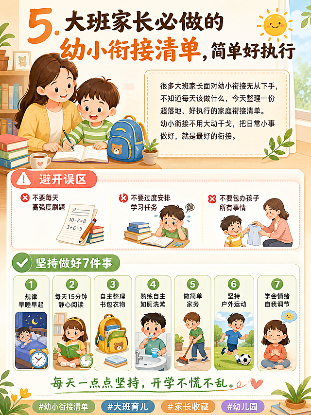 5. 大班家长必做的幼小衔接清单，简单好执行
 
很多大班家长面对幼小衔接无从下手，不知道每天该做什么，今天整理一份超落地、好执行的家庭衔接清单。
幼小衔接不用大动干戈，把日常小事做好，就是最好的衔接。
避开误区：不要每天高强度刷题，不要过度安排学习任务，不要包办孩子所有事情。
坚持做好7件事：规律早睡早起、每天15分钟静心阅读、自主整理书包衣物、熟练自主如厕洗漱、做简单家务、坚持户外运动、学会情绪自我调节。每天一点点坚持，开学不慌不乱。
#幼小衔接清单 #大班育儿 #家长收藏 #幼儿园