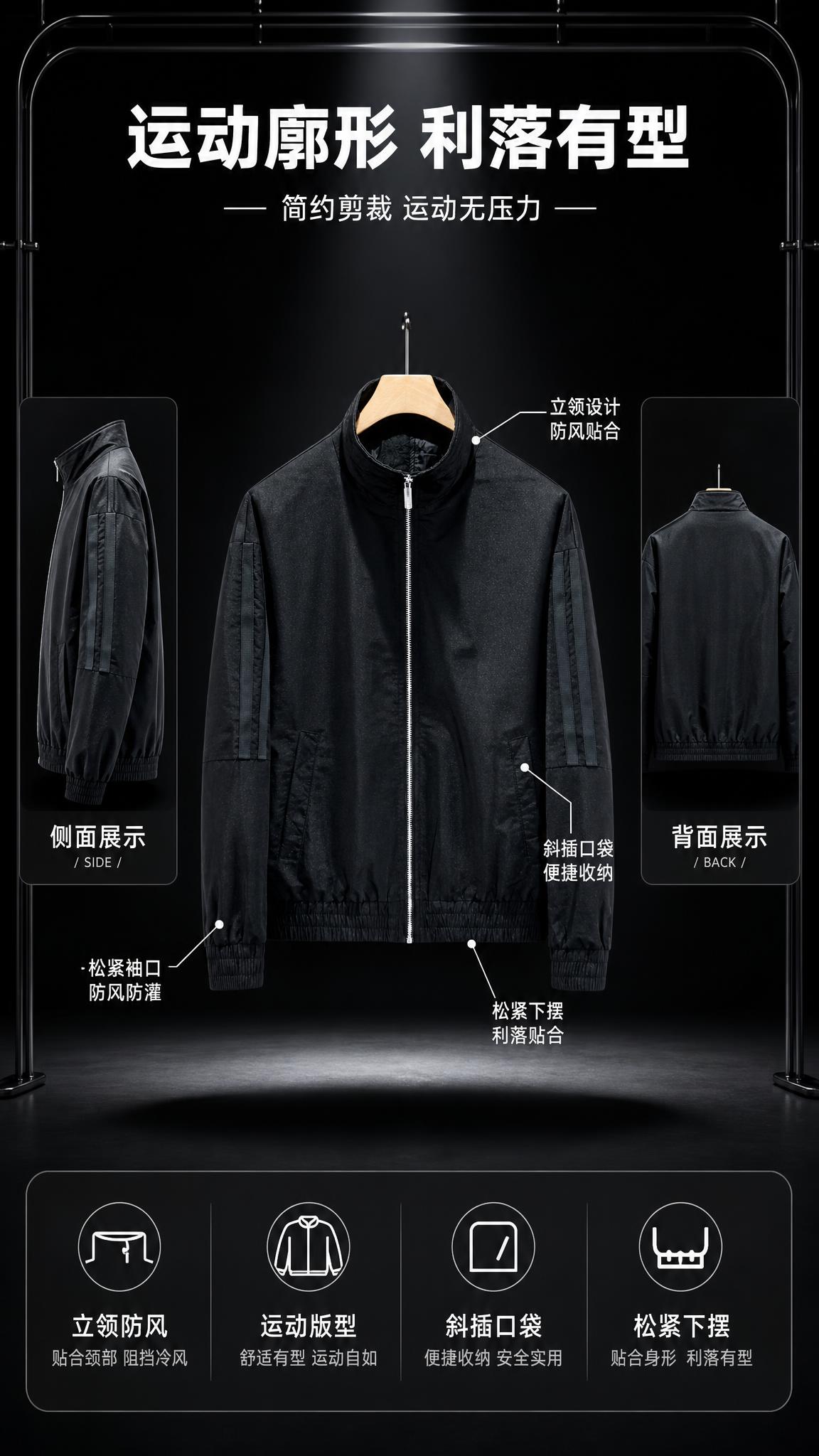 [第3张] 详情页版型解析-简约黑色立领运动夹克多角度廓形展示… - 图片创意预览
