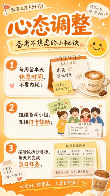 手机竖版职业教育教资上岸系列海报3，主题"心态调整|备考不焦虑的小秘诀"，内容：1 每周留半天休息时间，不要内耗；2 组建备考小组，互相打卡鼓励；3 按阶段拆分目标，每天只完成当日任务。延续暖橙色渐变预览效果