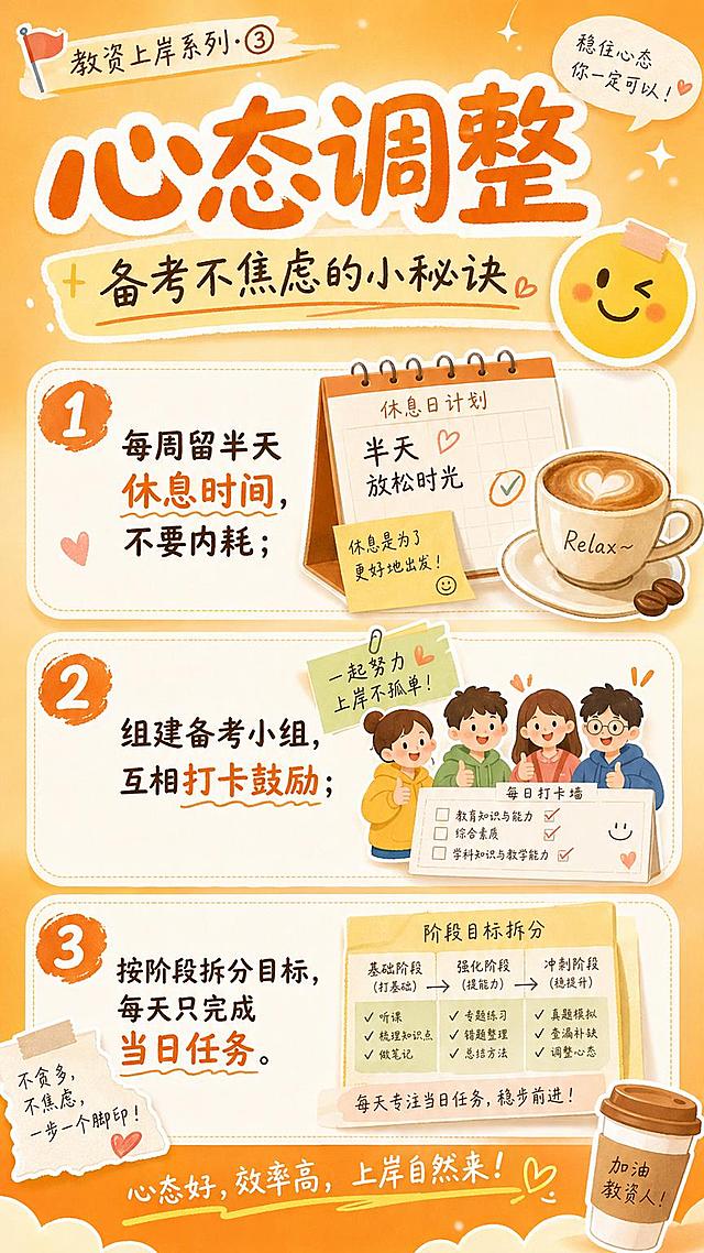 手机竖版职业教育教资上岸系列海报3，主题"心态调整|备考不焦虑的小秘诀"，内容：1 每周留半天休息时间，不要内耗；2 组建备考小组，互相打卡鼓励；3 按阶段拆分目标，每天只完成当日任务。延续暖橙色渐变背景，搭配咖啡、打卡日历、笑脸贴纸元素，风格治愈积极，清晰排版适配手机竖屏