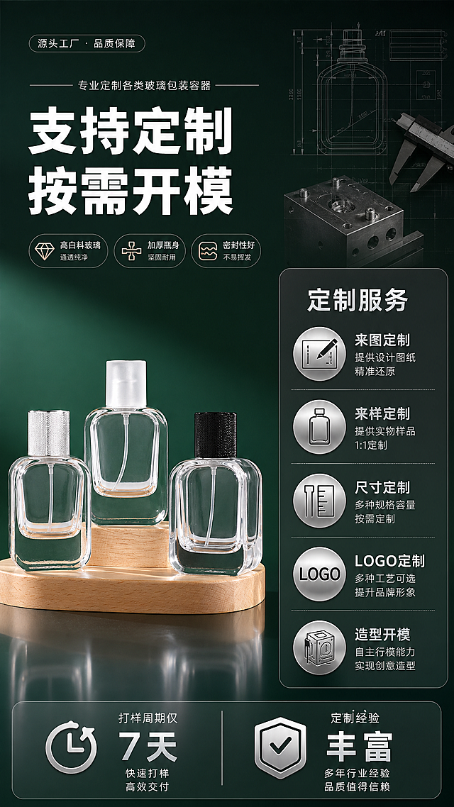 [商品] 使用【图5】三款卡口香水瓶组合；保留透明方形厚底玻璃、15mm卡口瓶口、真实材质比例；瓶口为卡口非螺口。
[画面] 目标：定制服务能力展示，突出来图来样定制开模。构图：左图右文，左侧45%为三款香水瓶产品展示（深绿背景+木台），右侧55%为定制服务内容区；背景为深墨绿渐变，右侧有定制图标（图纸、模具、LOGO样例）装饰。
[视觉] 套系策略：风格=1688工厂批发商务风·高级工业质感；标题字=粗黑体厚重有力；正文字=思源黑体简洁清晰；主色=深墨绿+透明玻璃质感；背景延展=深墨绿渐变、工业灰卡片、图标装饰层次；强调色=金属银，用于图标、引线、标签高光；标题色=纯白；正文色=浅灰白；组件=圆角深灰信息卡、银色定制图标、细银线分隔；光影=冷白柔光，产品区玻璃通透。
[文字] 右侧顶部主标题"支持定制 按需开模"，下方分5项："来图定制""来样定制""尺寸定制""LOGO定制""造型开模"，每项配小图标，底部突出标注"打样周期仅7天""定制经验丰富"，文字均为横排。
[规格] 图片比例9:16竖版，4K，负向提示：避免螺口瓶口、瓶身变形、文字竖排、出现虚假承诺、出现分装操作、出现具体客户LOGO。