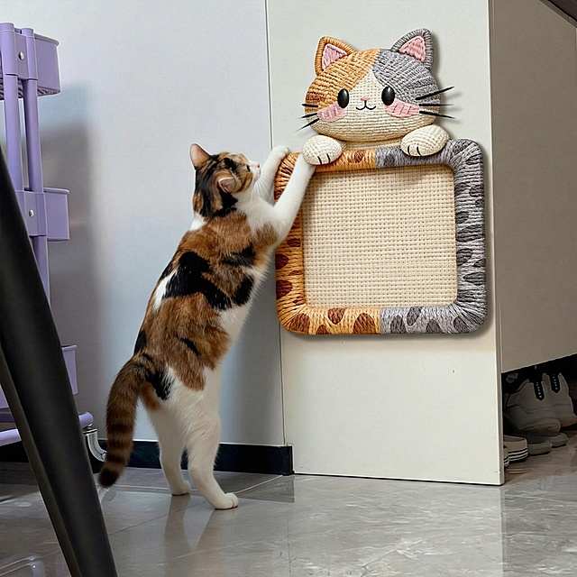 帮我生成图片：处理下猫抓板的投影，更贴合墙面