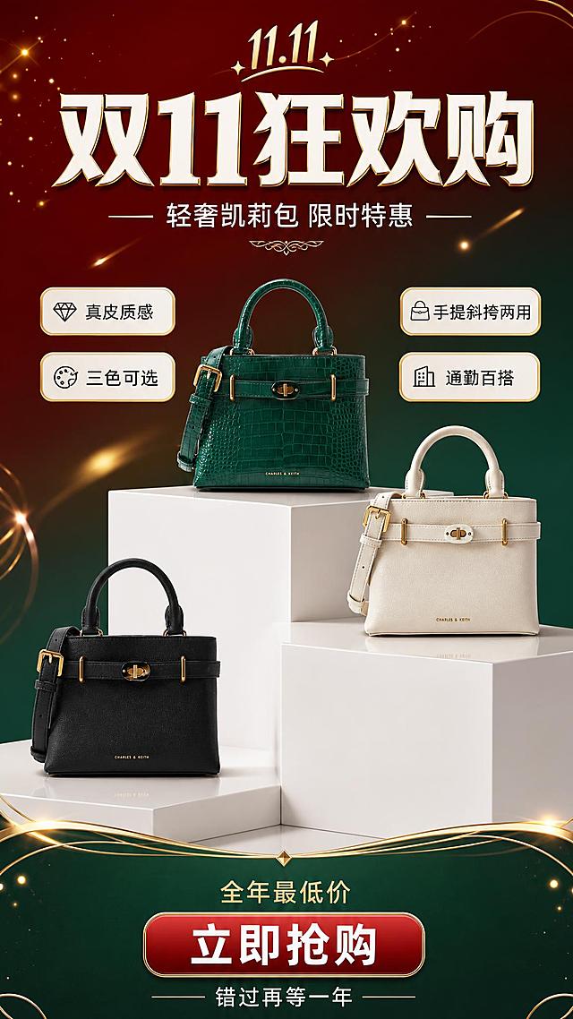 双十一竖屏商品促销海报，三色凯莉款手提斜挎包为主体，9:16竖版比例。

【产品保真】三色凯莉款手提斜挎包100%还原上传商品图的产品外形、结构、比例、材质质感、颜色与正面朝向，以上传图为唯一商品主体来源，完整保留原图中的凯莉包造型、顶部手提柄、金属转锁扣、腰带装饰、可拆卸肩带、底部品牌字母、三色（黑色/墨绿色鳄鱼纹/米白色）配色、金色五金配件等所有特征，设计仅作用于背景、光影、道具、版式和文字区；商品主体占画面约45%~55%，文字不遮挡主体关键部位。

【画面构图】竖版9:16海报，采用上中下三层布局：
- 顶部（约占画面25%）：大促标题区，深酒红到墨绿的渐变背景带金色光效粒子和柔光斑
- 中部（约占画面45%）：三色包包主体展示区，三个包呈阶梯式错落陈列在白色几何展台上，墨绿色在最高层，米白色在右中层，黑色在左下层，形成高低层次感；每个包底部有柔和投影，展台有轻微反光
- 底部（约占画面30%）：卖点与促销信息区

【场景与光影】写实商业摄影风格，轻奢高级质感，主光从左上方45度打来，皮革纹理有细腻高光，金色五金配件有锐利金属反光，墨绿色鳄鱼纹纹理清晰，底部有柔和自然的接触阴影，整体精致高级。背景为深酒红到墨绿的优雅渐变，顶部有微弱光晕和金色粒子飘散，营造双十一大促氛围，同时保持轻奢高级感。

【配色】深酒红+墨绿渐变背景主色，金色点缀装饰，白色主标题文字，酒红色强调按钮，三色包包本身的黑/墨绿/米白作为产品主色，整体高对比且优雅高级。

【文字版式】版式精美，层级分明：
- 顶部主标题："双11狂欢购" 超大号粗白字，带金色描边和轻微阴影，居中排列
- 主标题下方副标题："轻奢凯莉包 限时特惠" 中号白字，居中
- 中部包包两侧分布4个卖点标签：左侧"真皮质感""三色可选"，右侧"手提斜挎两用""通勤百搭"，每个标签为白色圆角矩形底+深灰文字，带细金色边框
- 底部促销区："全年最低价" 小号金色字 + "立即抢购" 大号酒红色圆角按钮内白字 + "错过再等一年" 小号白字
- 所有文字清晰可读，放在负空间，不遮挡产品主体

【装饰元素】画面四角有少量金色几何装饰线条和优雅曲线，顶部有"11.11"金色艺术字小标，底部白色几何展台有轻微反光，整体装饰克制高级，不抢主体。

【内容填充约束】画面中所有信息区域、卖点标签、促销按钮必须填充完整合理的内容，不得出现空白框、空白占位、横线待填写区域，确保是完整可用的成品海报而非待填写模板。

【输出要求】9:16竖版比例，2K分辨率，文字清晰锐利，产品清晰不变形，皮革纹理细腻，五金高光真实，鳄鱼纹清晰，无错字，无水印，无平台Logo，无杂乱元素，画面精美高级。