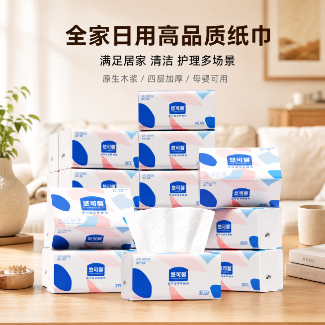 [主图-7] 悠可馨抽纸居家全场景日用主图。氛围实用生活感干净整洁，商业摄影质感光线通透。抽纸放置在干净居家桌面，周围搭配少量日常家居小道具，保持产品外观和输入图一致，占比60%满屏无边框，背景浅米客预览效果