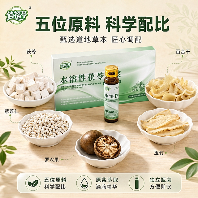 [主图-2] 原料溯源图，展示五位草本原料的天然来源与科学配比，建立品质信任。
[统一基调] 抖音平台1:1主图，日常桌面场景，自然清新草本风格，主色调为清新绿色与米白木色，标题字用深绿色粗黑体，辅助文字用深灰色，强调色为浅金色，字体统一为现代无衬线黑体，字号层级分明，整体干净通透有食欲感。
[画面] 日常木质桌面上，以产品为中心环绕摆放五种真实草本食材。中心位置放1支俏福苓水溶性茯苓浓浆口服液瓶和半盒产品。周围用精致的白色小瓷碟分别盛放：茯苓块（左上）、干百合片（右上）、薏苡仁（左下）、玉竹片（右下）、罗汉果（正下方，切开展示内部）。每种食材旁边有细引线连接到中心产品，引线末端标注食材名称小字。背景为柔和的浅米色，有轻微的草本纹理装饰。左上角放置俏福苓品牌Logo。
[光影质感] 自然柔光顶光，均匀明亮，食材纹理清晰可见，颗粒饱满，有新鲜干燥的质感，桌面有柔和阴影，整体干净明亮，商业美食摄影质感。
[配色] 主色清新绿色+米白+食材本色，标题深绿色，辅助文字深灰色，引线用浅绿色，整体自然清新。
[文字版式] 画面顶部主标题"五位原料 科学配比"，深绿色粗黑体；主标题下方副标题"甄选道地草本 匠心调配"，深灰色小字；每种食材旁标注名称"茯苓"、"百合干"、"薏苡仁"、"玉竹"、"罗汉果"，深灰色小字体；画面底部三个卖点横向排列："五位原料科学配比"、"原浆萃取滴滴精华"、"独立瓶装方便即饮"。
[输出要求] 1:1正方形比例，2K高清，文字清晰可读，产品清晰完整不变形，无错字，无水印，无平台Logo，画面干净整洁，抖音电商主图风格。