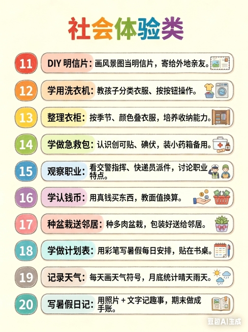 生成一张信息图，标题为"社会体验类"，内容包含11到20条：11DIY 明信片：画风景图当明信片，寄给外地亲友；12学用洗衣机：教孩子分类衣服、按按钮操作；13整理衣柜：按季节、颜色叠衣服，培养收纳能预览效果