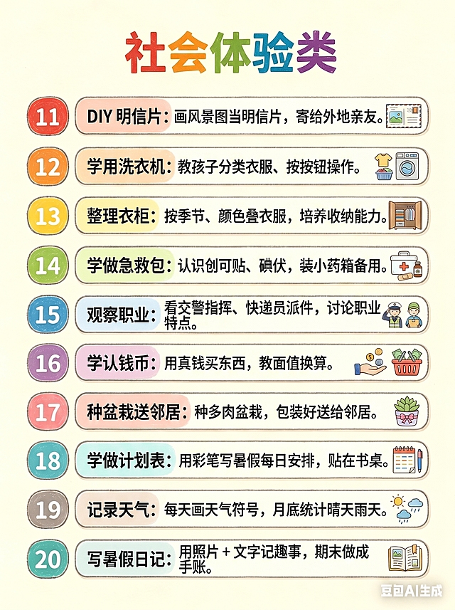 生成一张信息图，标题为"社会体验类"，内容包含11到20条：11DIY 明信片：画风景图当明信片，寄给外地亲友；12学用洗衣机：教孩子分类衣服、按按钮操作；13整理衣柜：按季节、颜色叠衣服，培养收纳能力；14学做急救包：认识创可贴、碘伏，装小药箱备用；15观察职业：看交警指挥、快递员派件，讨论职业特点；16学认钱币：用真钱买东西，教面值换算；17种盆栽送邻居：种多肉盆栽，包装好送给邻居；18学做计划表：用彩笔写暑假每日安排，贴在书桌；19记录天气：每天画天气符号，月底统计晴天雨天；20写暑假日记：用照片 + 文字记趣事，期末做成手账。风格为：手绘卡通风格，扁平化设计，彩色手绘线条，柔和的马克笔质感，信息图表布局，圆角矩形卡片，彩色标签分类，简笔画图标，温馨米色背景，高对比度文字，清晰易读，教育科普风，轻松活泼，信息可视化，序号排序准确，文字完整不出错，正文数字排序为11-20，序号和文字颜色各不相同，参考示例图片的排版