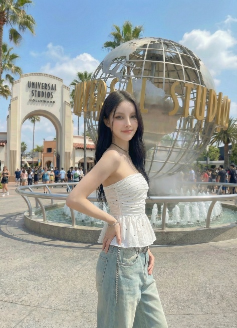 保持模特和服饰不变，背景为环球影城，生成侧面叉腰站立的姿势图片预览效果