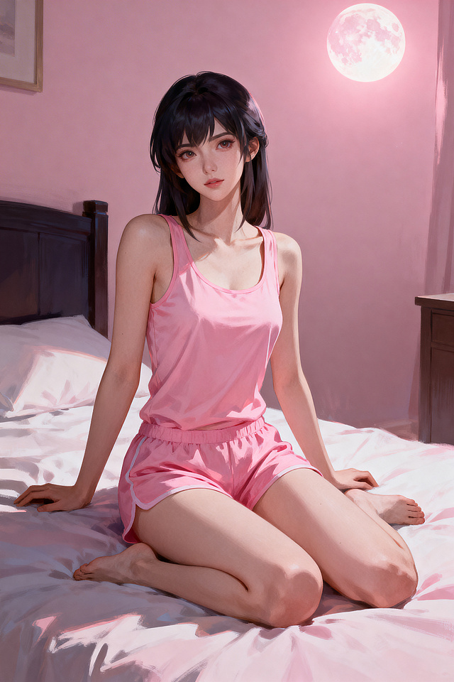 梦幻粉调卧室中，少女身着粉色睡衣静坐床榻，月光温柔洒落，3D角色风结合厚涂技法，营造甜蜜温馨的插画氛围。